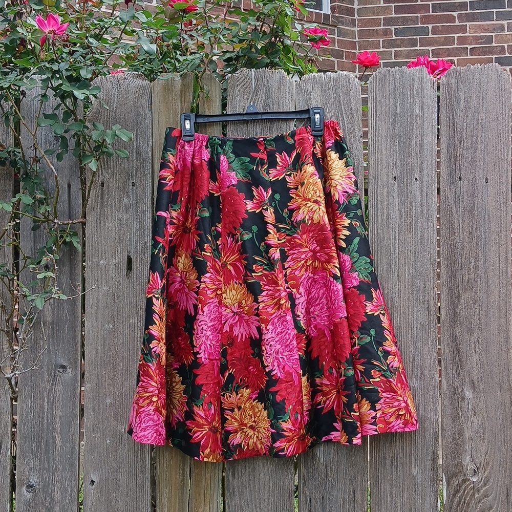 NWT VTG Talbots Silk Floral Skirt 12W Midi Black Pink Red Yellow Green
